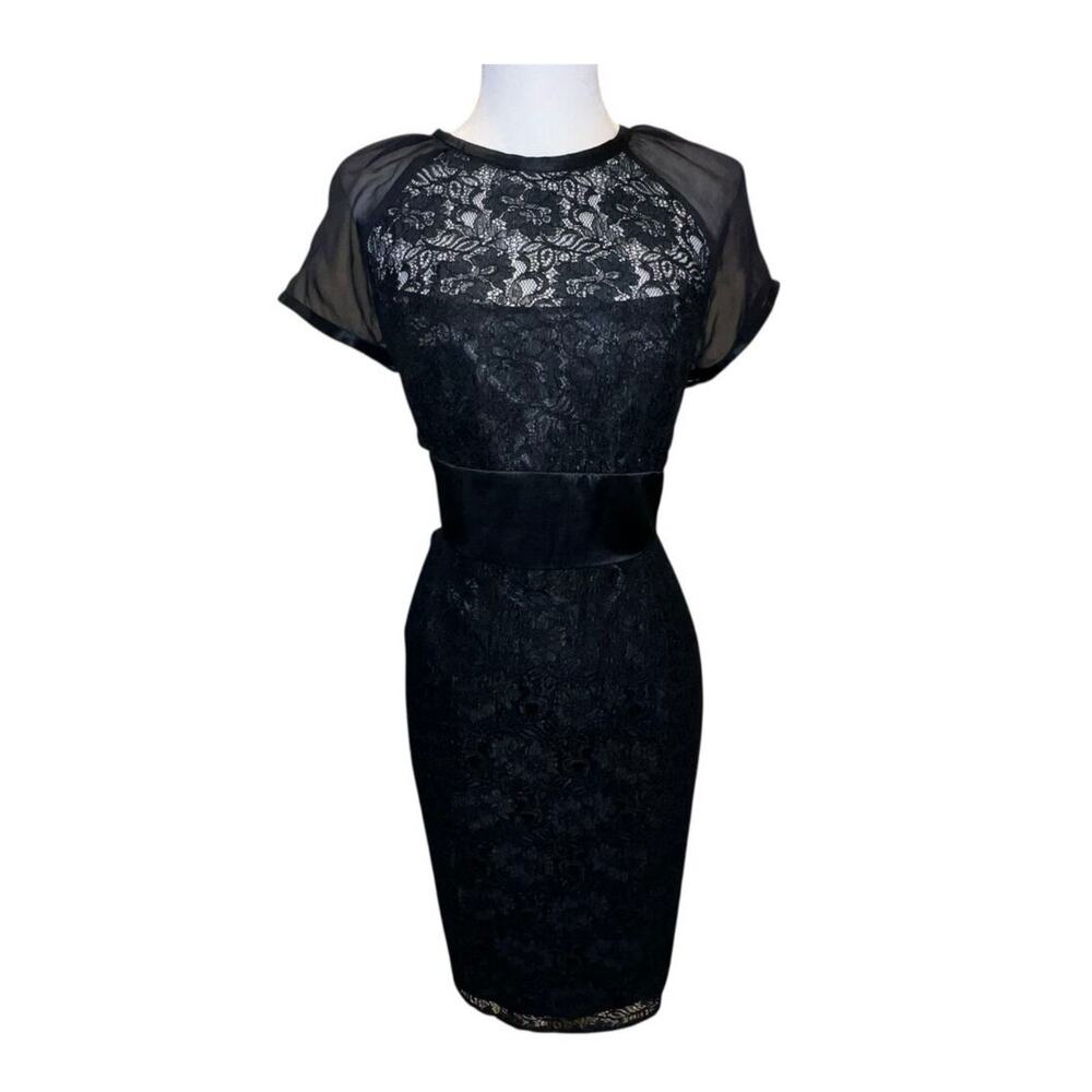 Vintage Laundry by Shelli Segal Black Floral Lace Satin Waist Cocktail Dress - Picture 8 of 16